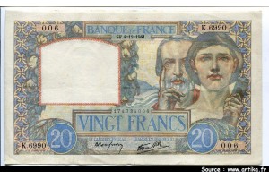 43044 - 20 FRANCS SCIENCE & TRAVAIL - Type 1940