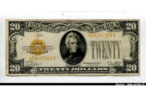57725 - 20 Dollars A.Jackson Gold Certificate Tampon Jaune  RARE