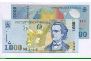 82002 - Lot de 2 Billets 1000 & 2000 Lei M.Eminescu & Figures géométriques Polymère
