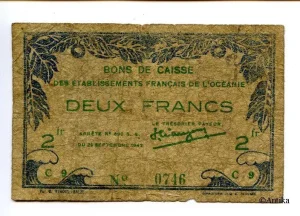 2 FRANCS Bon de Caisse Etabissement Océanie
