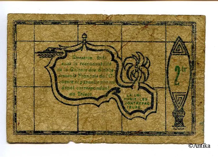 2 FRANCS Bon de Caisse Etabissement Océanie