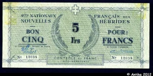 BON 5 FRS Bleu s/papier Vert Croix de Lorraine