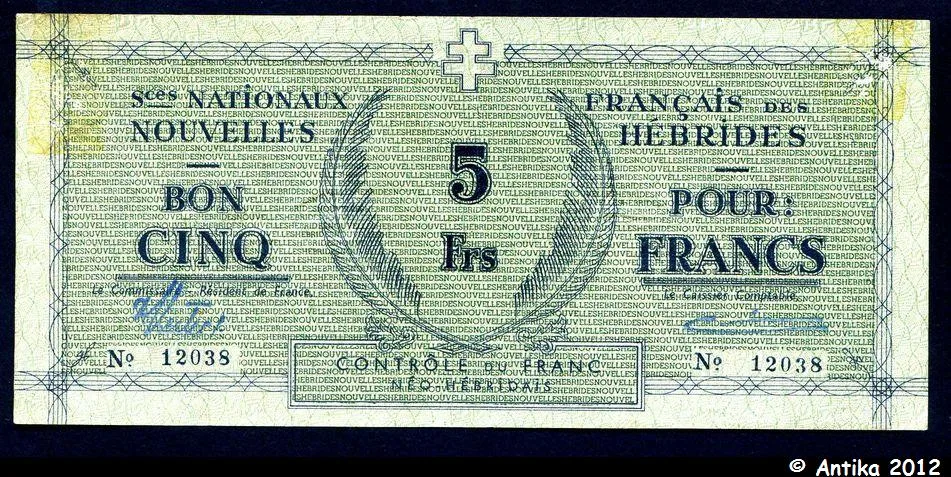 BON 5 FRS Bleu s/papier Vert Croix de Lorraine