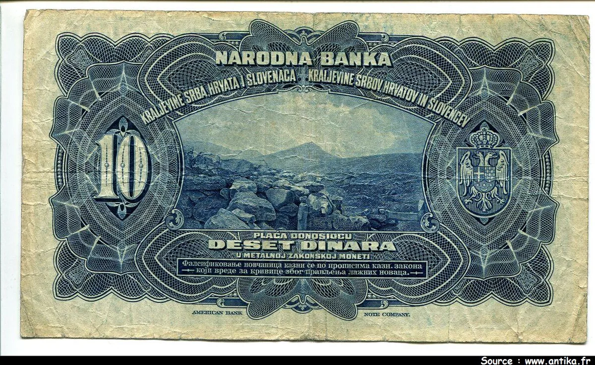 10 Dinara Bleu Royaume de Serbie Croatie & Slovenie