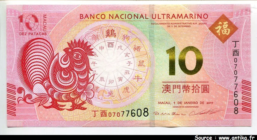 10 Patacas Année du Coq Banco National Ultramarino
