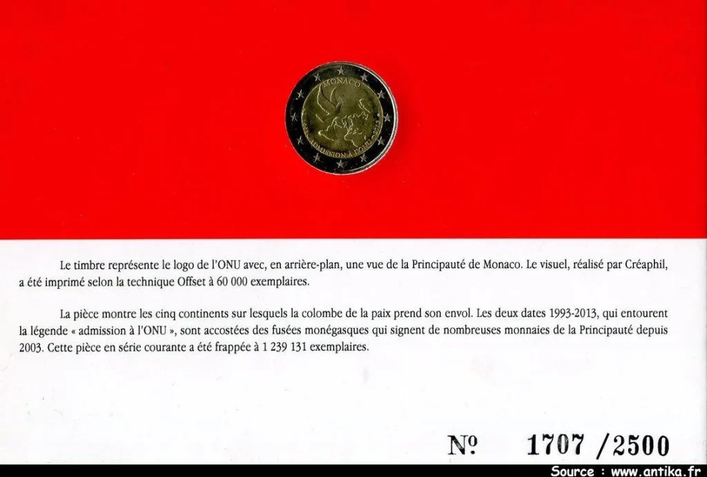 2 € COMMEMORATIVES 20 ème Anniv Admis° Monaco à l'O.N.U