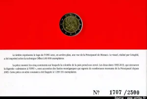 2 € COMMEMORATIVES 20 ème Anniv Admis° Monaco à l'O.N.U