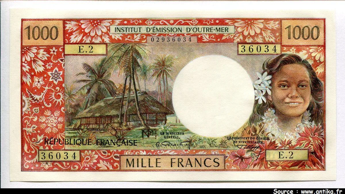1000 Frs Jeune fille couronnée de fleurs & Huttes PAPEETE Alph:E.2