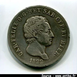 5 LIRE Argt CHARLES FELIX Turin RARE