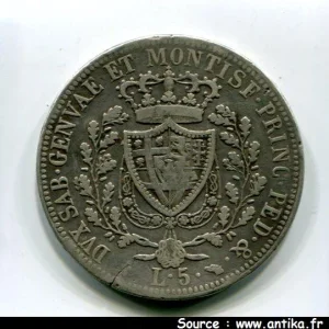 5 LIRE Argt CHARLES FELIX Turin RARE