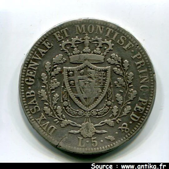 5 LIRE Argt CHARLES FELIX Turin RARE