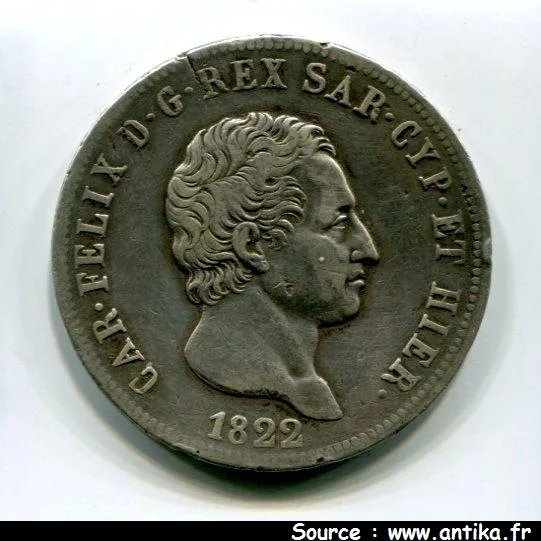 5 LIRE Argt CHARLES FELIX Turin RARE