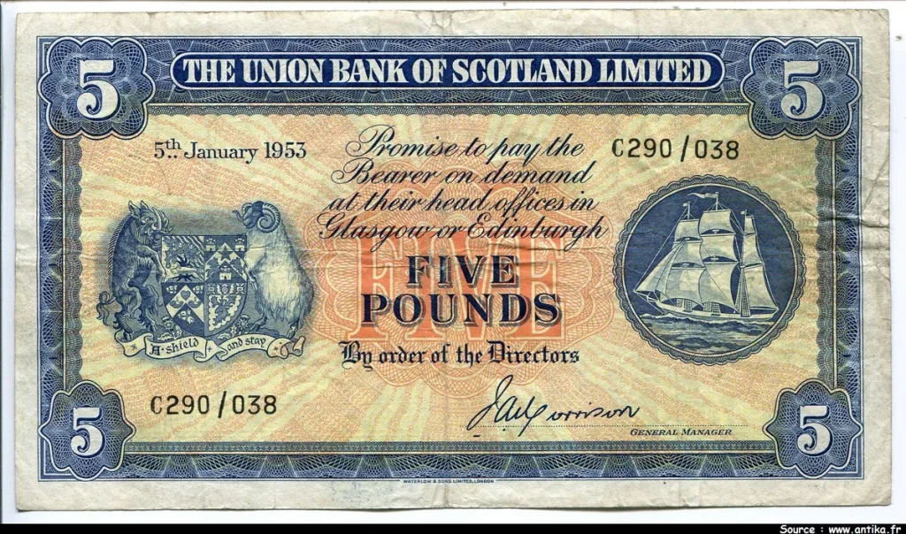 5 Pounds Voilier The Union Bank of Scotland Limited RARE