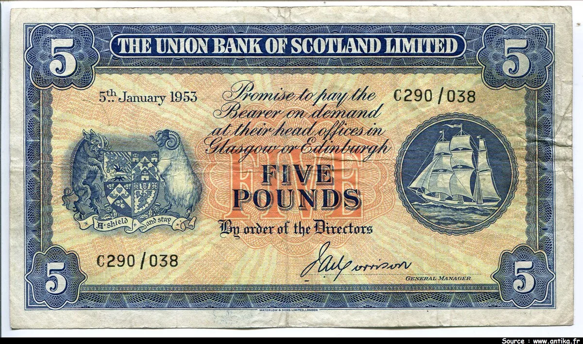5 Pounds Voilier The Union Bank of Scotland Limited RARE