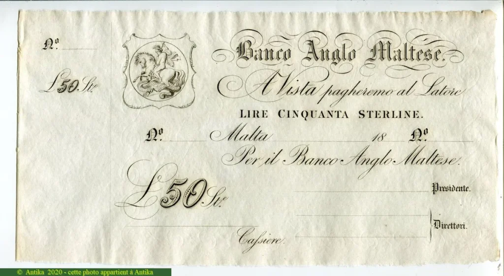 50 Lire Sterline Banco Anglo Maltese St Georges terrassant le Dragon RARE