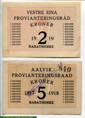 Lot de 2 Billets :2 & 5 Kroner Vestre Eina & Aalvik Provianteringsrad RARETE
