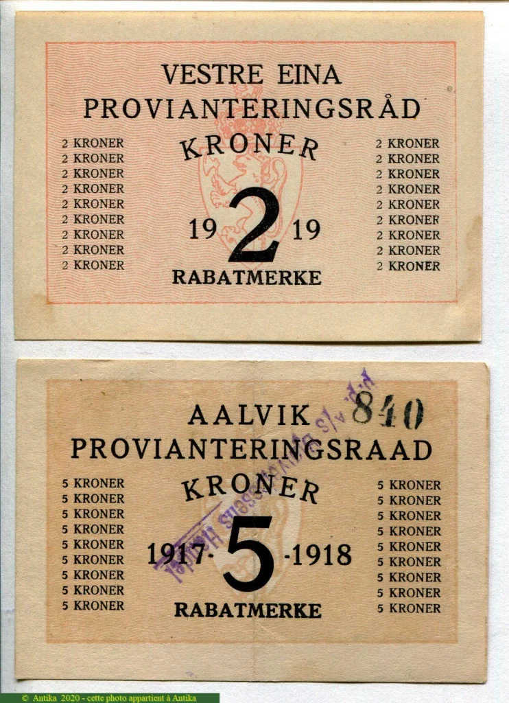 Lot de 2 Billets :2 & 5 Kroner Vestre Eina & Aalvik Provianteringsrad RARETE