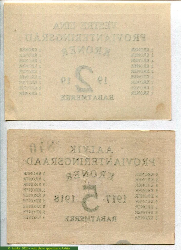 Lot de 2 Billets :2 & 5 Kroner Vestre Eina & Aalvik Provianteringsrad RARETE