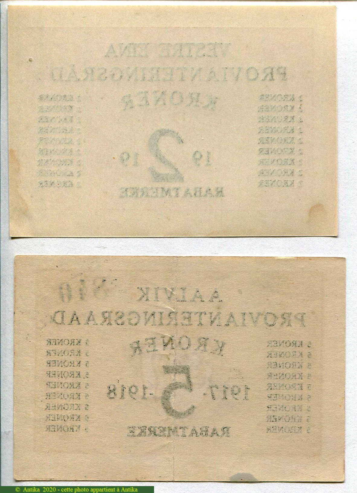 Lot de 2 Billets :2 & 5 Kroner Vestre Eina & Aalvik Provianteringsrad RARETE