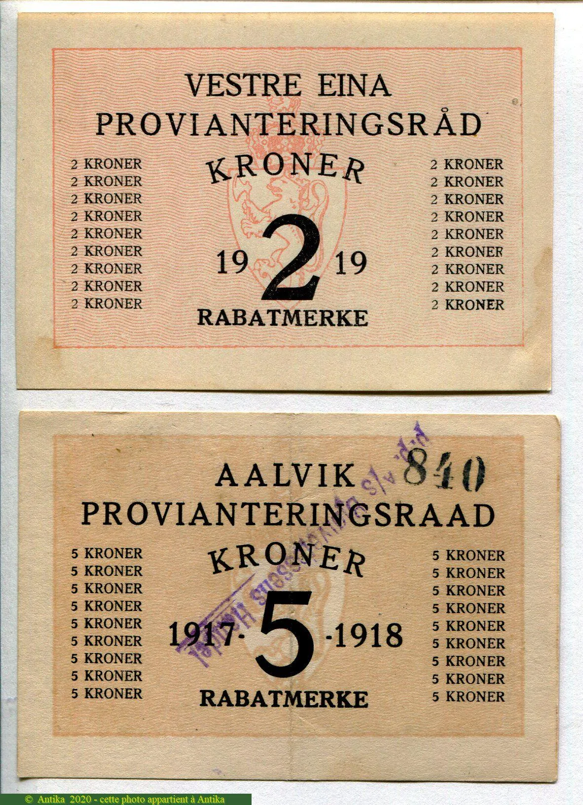 Lot de 2 Billets :2 & 5 Kroner Vestre Eina & Aalvik Provianteringsrad RARETE