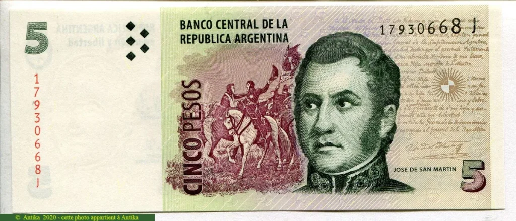 5 Pesos J.San Martin -Mendoza Bolivar Artigas Série J