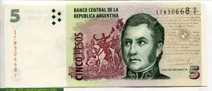 5 Pesos J.San Martin -Mendoza Bolivar Artigas Série J