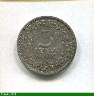 3 REICHSMARK Argt Aigle héraldique RARETE J:Hambourg