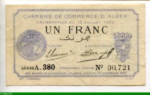 1 FRANC Chambre de Commerce Alger