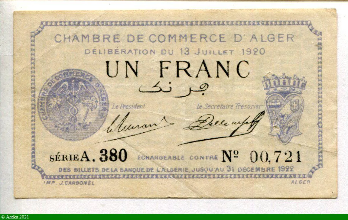 1 FRANC Chambre de Commerce Alger