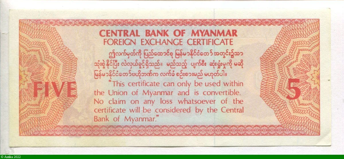 5 Dollars : Central Bank ok Myanmar Foreign Exchange Certificate RARE