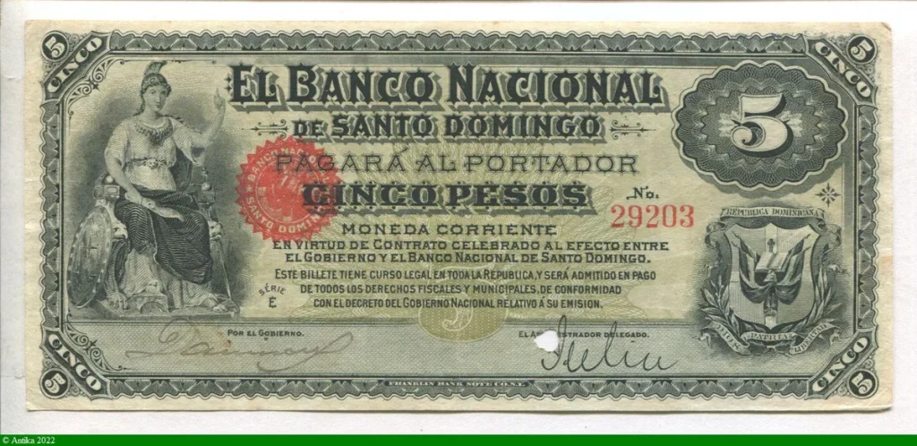 5 Pesos El Banco National de Santo Domingo RARETE