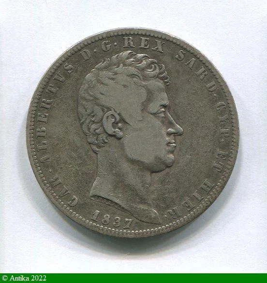5 LIRE Argt CHARLES ALBERT Turin Petite tête d'aigle Très RARE