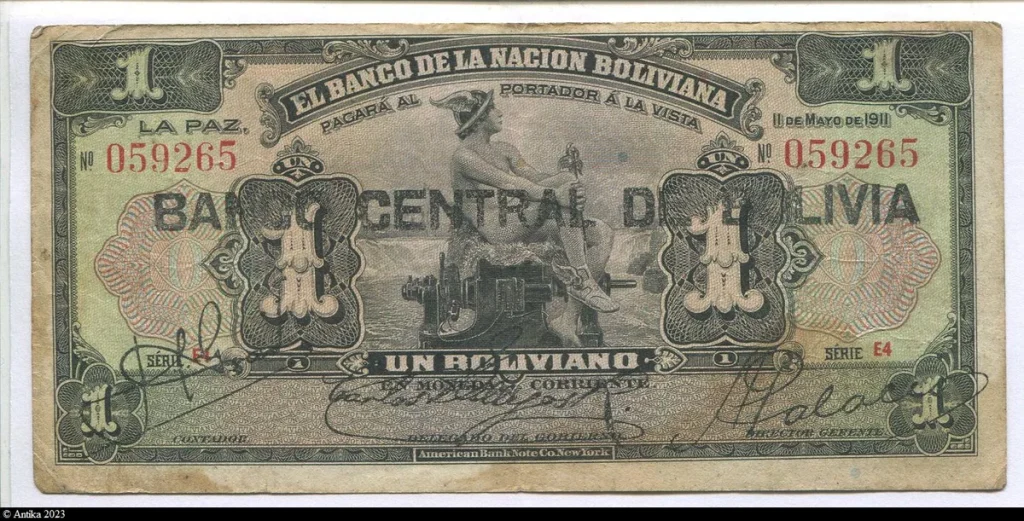 1 Peso Mercure avec surcharge : "BANCO CENTRAL DE BOLIVIA"