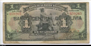 1 Peso Mercure avec surcharge : "BANCO CENTRAL DE BOLIVIA"