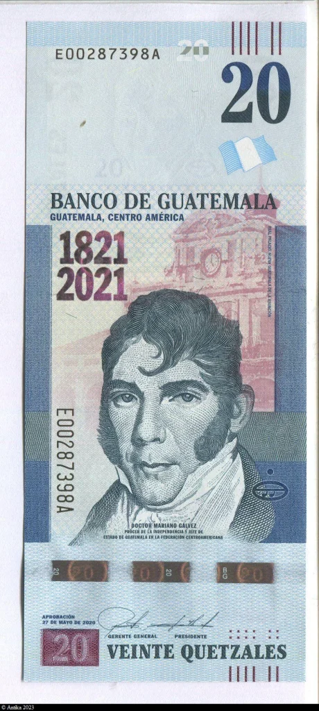 20 Quetzales Commémo 200 ans d'indépendance Docteur Mariano Galvez