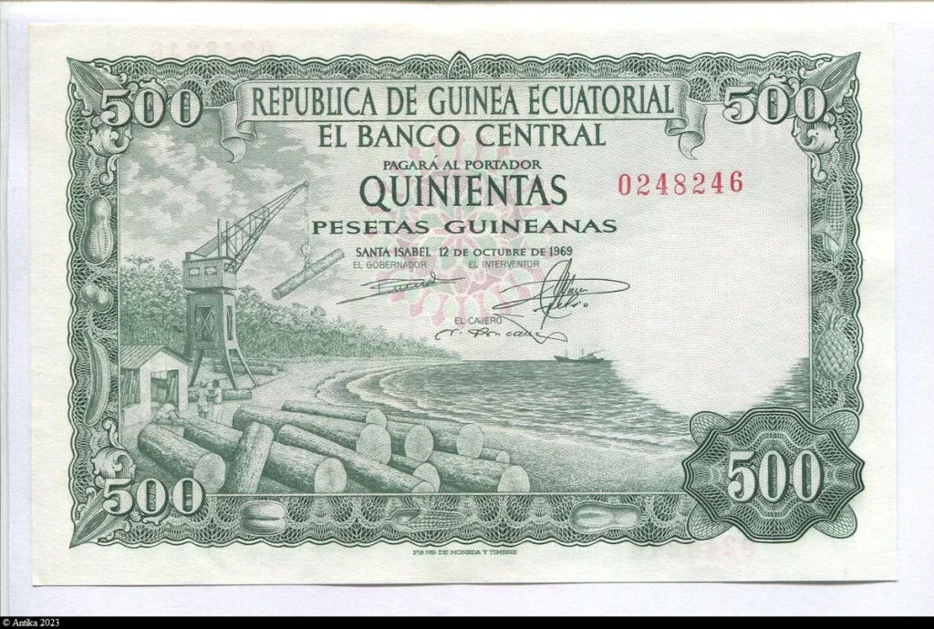 500 Pesetas Guinéanas Femme portant des dates & Industrie du bois RARE