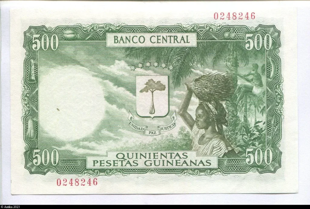 500 Pesetas Guinéanas Femme portant des dates & Industrie du bois RARE