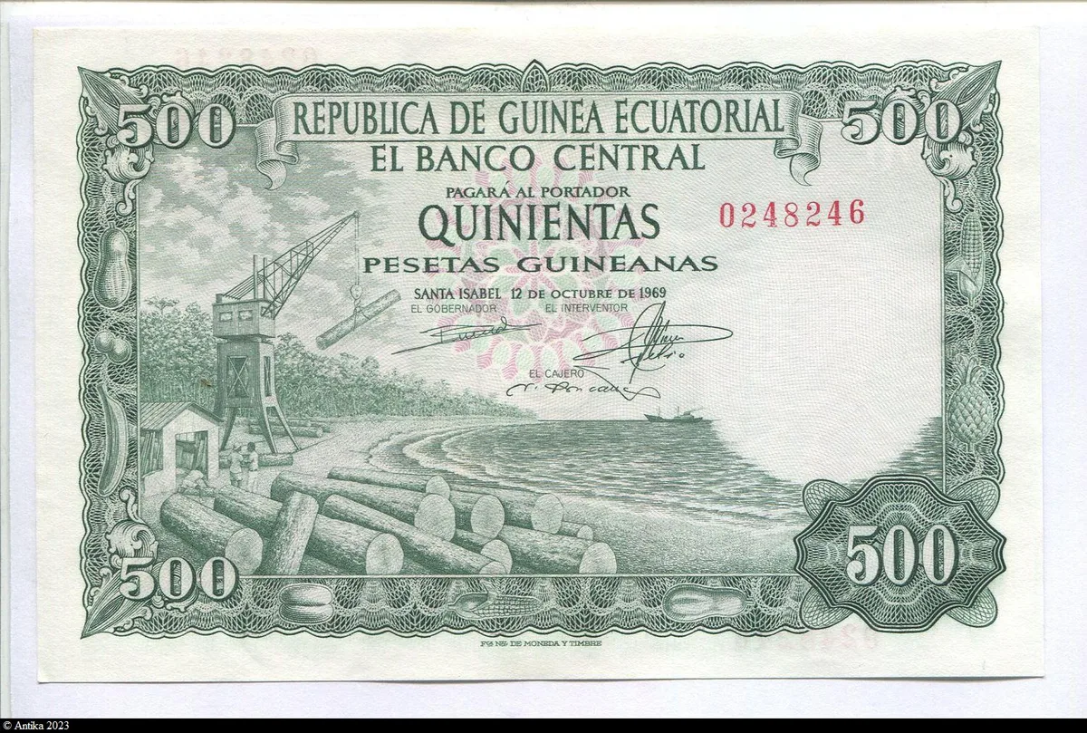 500 Pesetas Guinéanas Femme portant des dates & Industrie du bois RARE