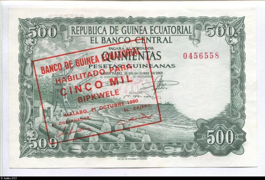 5000 Bipkwele s/ 500 Pesetas Guinéanas Femme & dates & Industrie du bois