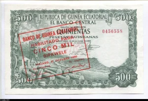5000 Bipkwele s/ 500 Pesetas Guinéanas Femme & dates & Industrie du bois