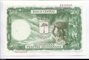 5000 Bipkwele s/ 500 Pesetas Guinéanas Femme & dates & Industrie du bois