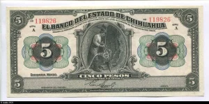 5 Pesos El Banco del Estado de Chihuahua Série A Superbe Billet