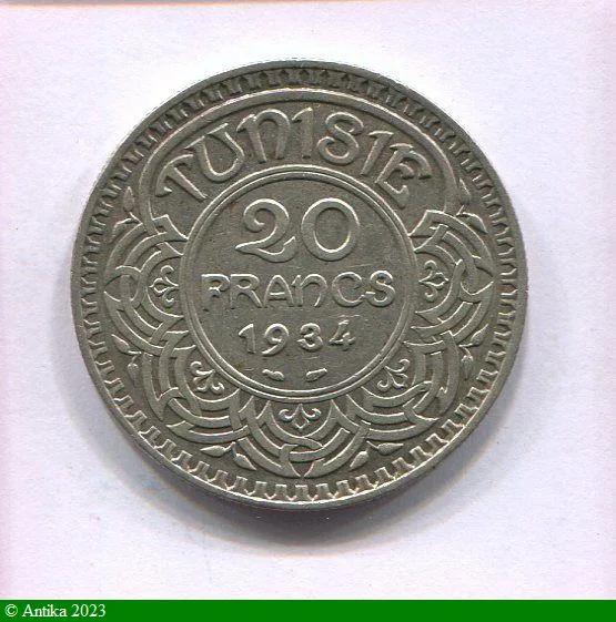 20 FRANCS Argt PROTECTORAT Bey-Ahmed 9500 ex RARE