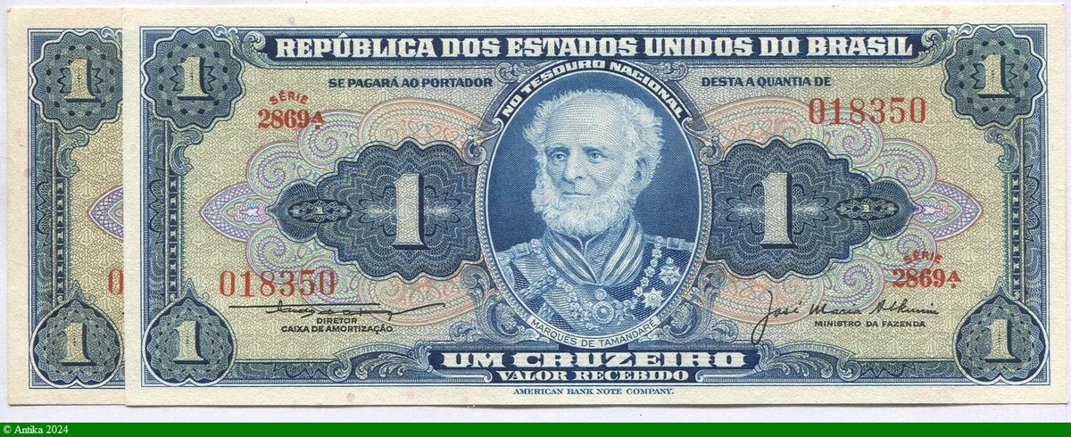 Lot de 2 billets de 1 Cruzeiro Série 2869A & 3643A