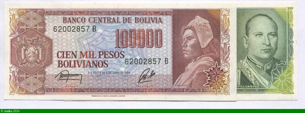 Lot de 2 billets 50 000 & 100 000 Pesos Bolivianos