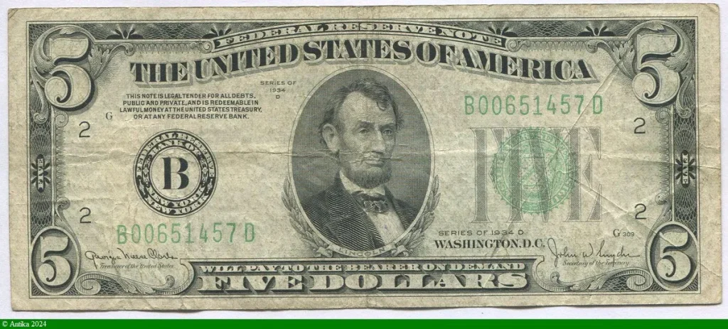 5 Dollars Lincoln Tampon Vert Lettre B:New York