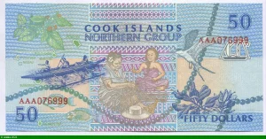 50 Dollars Femmes assises tissant, Perles, et Plantes, poissons et oiseaux.