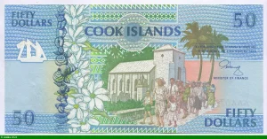 50 Dollars Femmes assises tissant, Perles, et Plantes, poissons et oiseaux.