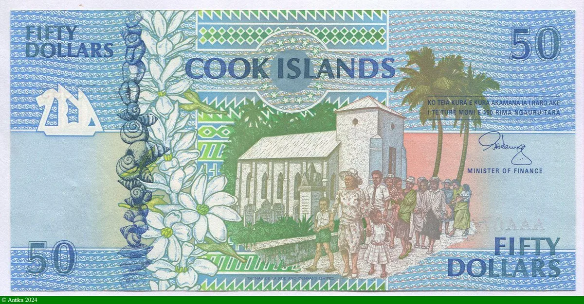 50 Dollars Femmes assises tissant, Perles, et Plantes, poissons et oiseaux.
