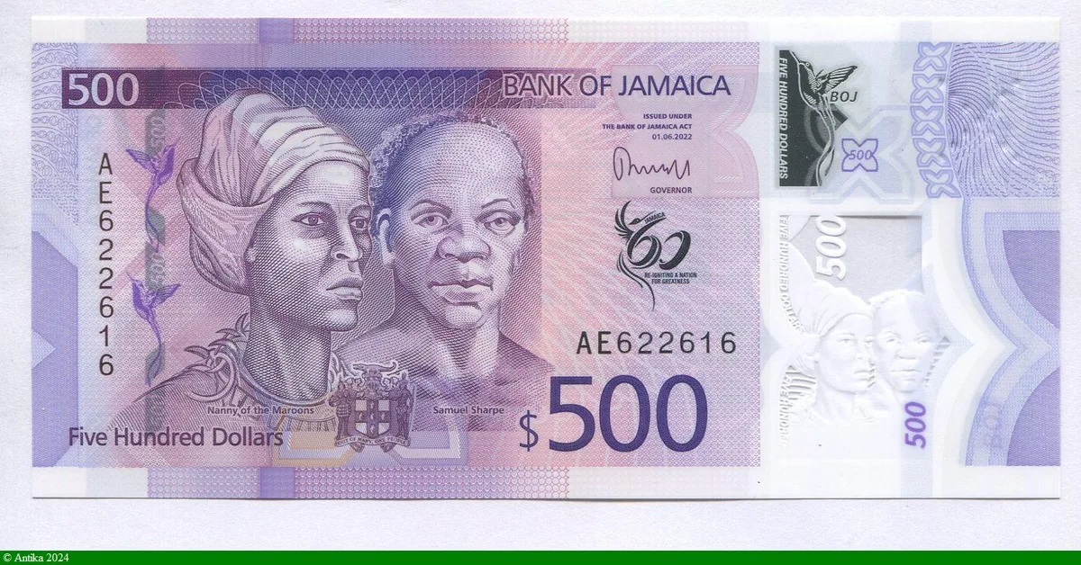 500 Dollars Commémo Polymère 60 ans Indépendance N.M & Samuel Sharpe NEW
